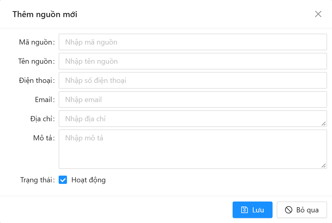 Màn hình Thêm nguồn mới: mã nguồn, tên nguồn, điện thoại, email, địa chỉ, mô tả, trạng thái