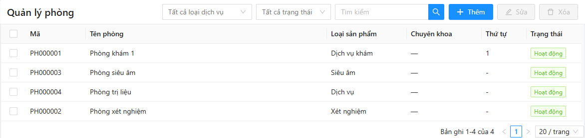 Danh sách phòng: Phòng khám 1 loại Dịch vụ khám, Phòng siêu âm loại Siêu âm, Phòng trị liệu loại Dịch vụ, Phòng xét nghiệm loại Xét nghiệm; lọc theo loại dịch vụ và trạng thái