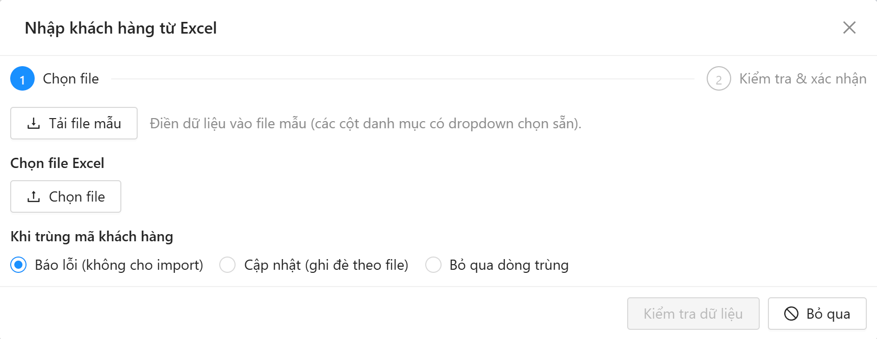 Màn hình Nhập khách hàng từ Excel: tải file mẫu, chọn file, xử lý khi trùng mã khách hàng