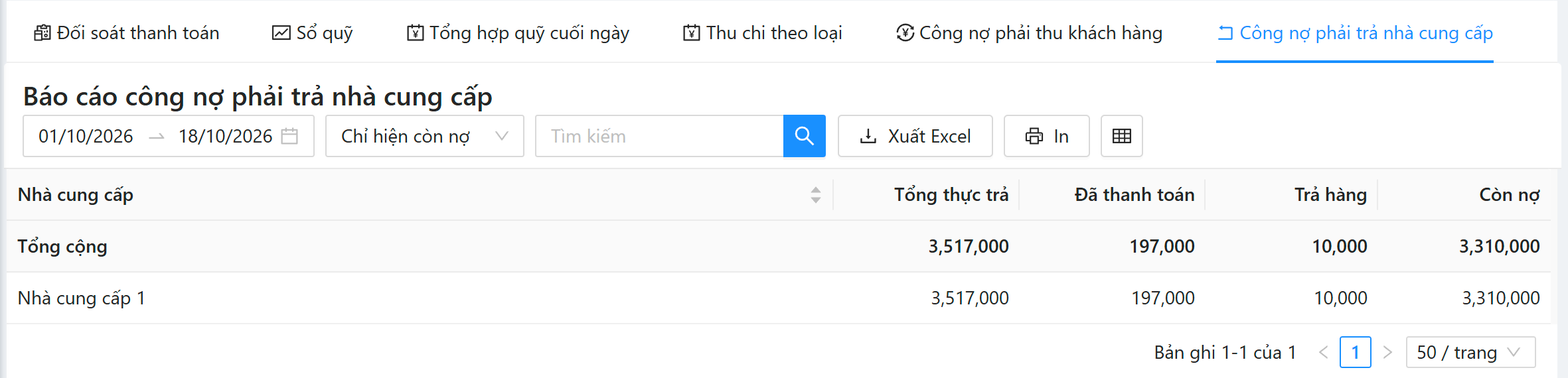 Báo cáo công nợ phải trả nhà cung cấp: lọc khoảng ngày, tình trạng nợ, cột tổng thực trả, đã thanh toán, trả hàng, còn nợ, dòng tổng cộng