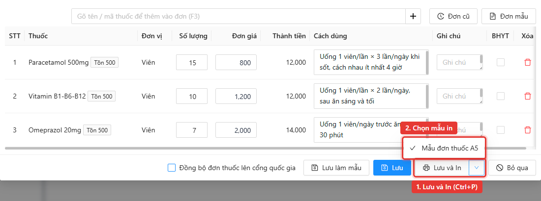 Nút Lưu và In cùng danh sách chọn mẫu in đơn thuốc