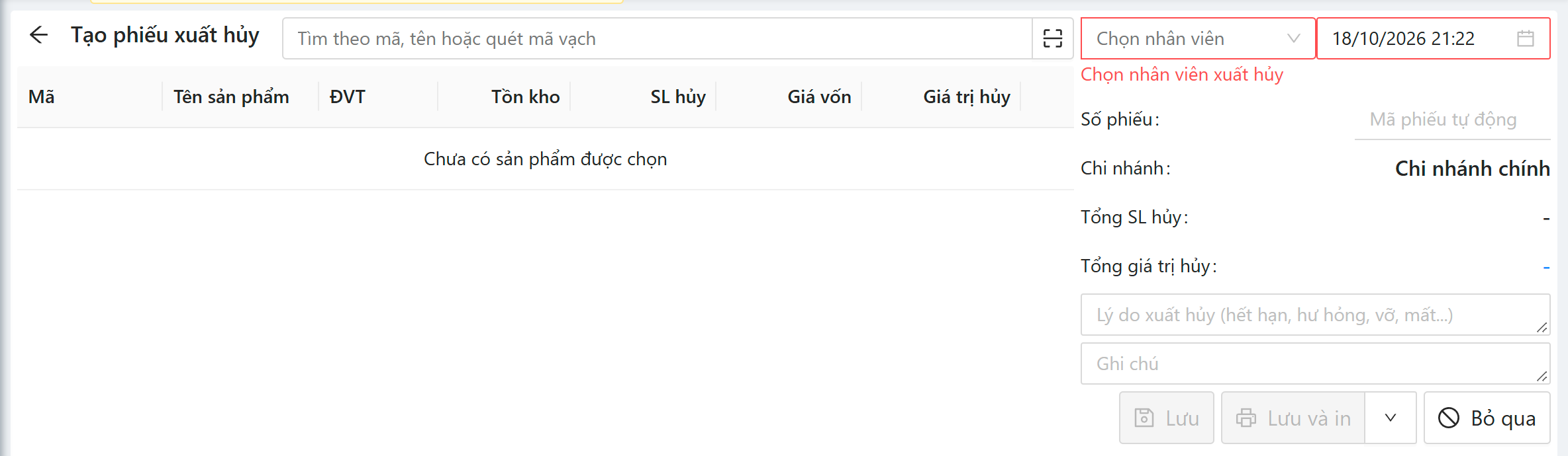 Tạo phiếu xuất hủy: chọn nhân viên xuất hủy, SL hủy, giá vốn, giá trị hủy, lý do xuất hủy