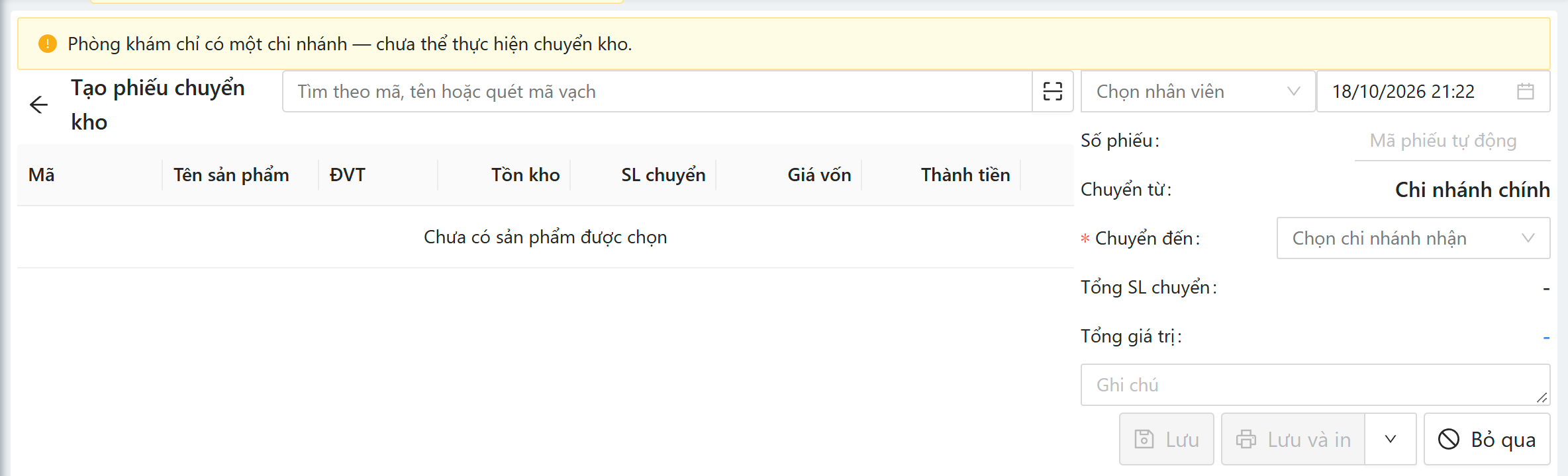 Tạo phiếu chuyển kho: chuyển từ chi nhánh chính, chọn chi nhánh nhận, tồn kho, SL chuyển, giá vốn