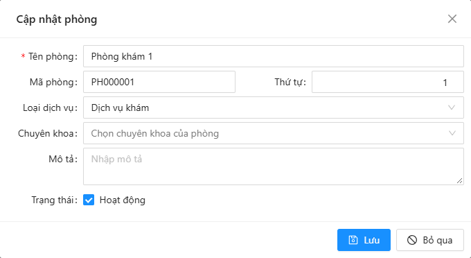 Cửa sổ cập nhật phòng: Tên phòng, Mã phòng, Thứ tự, Loại dịch vụ, Chuyên khoa, Mô tả, Trạng thái