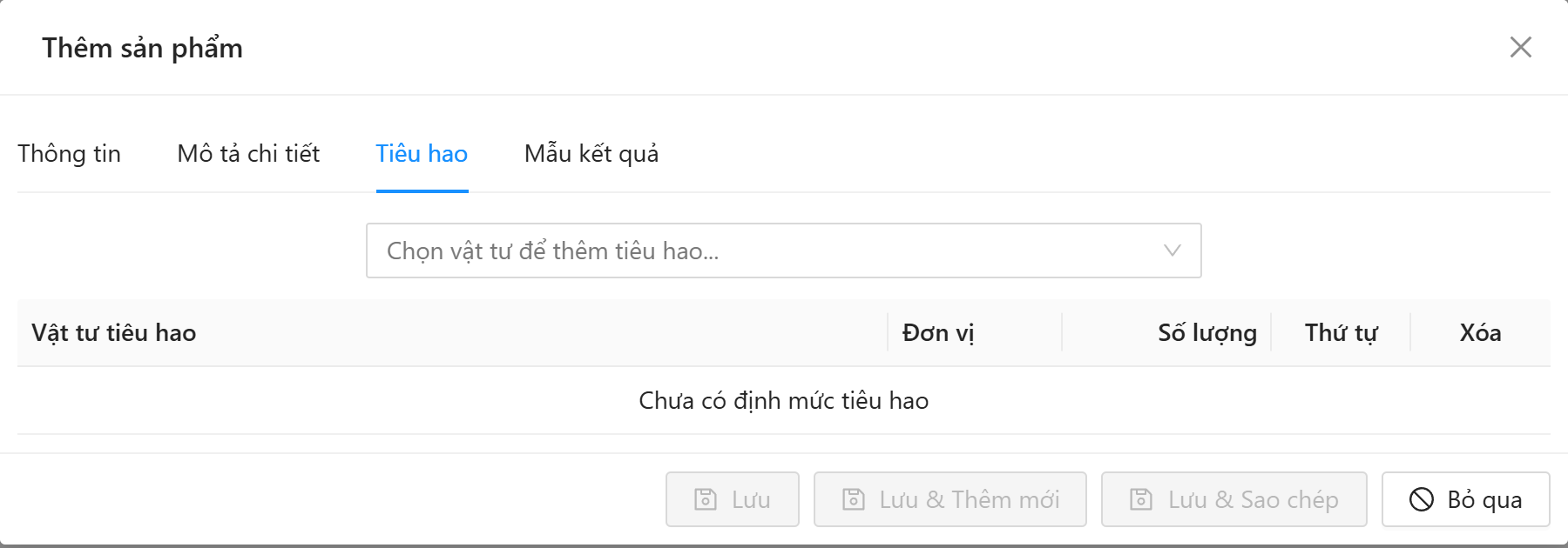 Tab Tiêu hao: ô Chọn vật tư để thêm tiêu hao và bảng Vật tư tiêu hao, Đơn vị, Số lượng, Thứ tự, Xóa