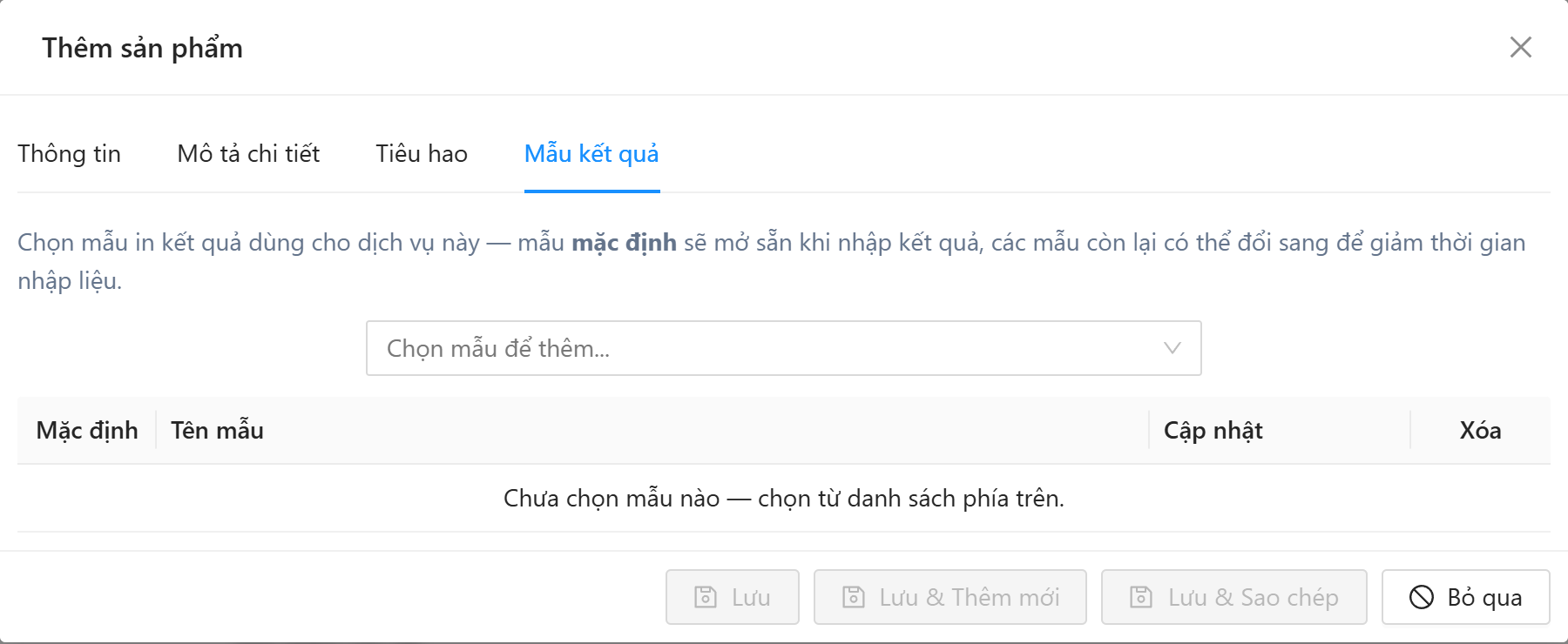 Tab Mẫu kết quả: ô Chọn mẫu để thêm, bảng Mặc định, Tên mẫu, Cập nhật, Xóa