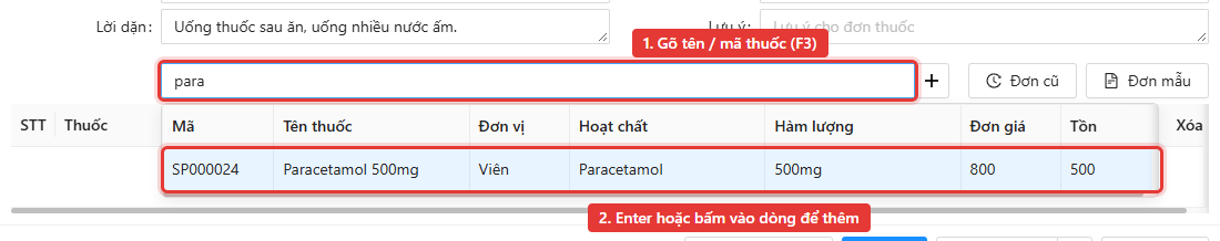 Gõ tên thuốc và chọn thuốc trong bảng gợi ý